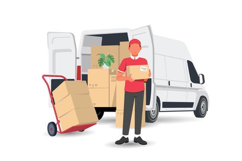 Delivery man with a box and white Van car. Vector illustration in flat style Delivery Box For Packages, Juneteenth Background, Car Vector Illustration, White Van, Work Graphic, Parcel Service, Flat Design Illustration, Car Vector, Parcel Delivery