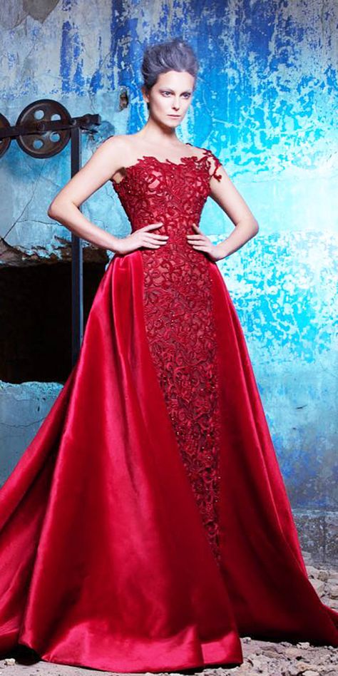 Your Lovely Red Wedding Dresses ★ See more: https://weddingdressesguide.com/red-wedding-dresses/ #bridalgown #weddingdress White Glam Dress, Red Bridal Gown, Wedding Dress Overskirt, Blue Wedding Dress Royal, Wedding Dress Red, Red Wedding Gowns, Wedding Dresses Sweetheart, How To Dress For A Wedding, Saiid Kobeisy