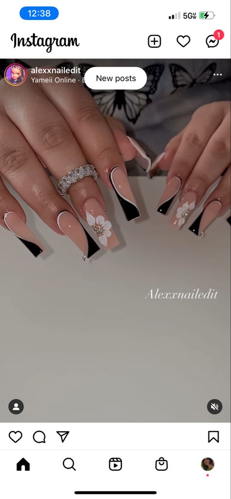 Class Reunion Nail Ideas, Black And White Nails For Prom, Black And White Nails Prom, Black And White Graduation Nails, Black French Acrylic Nails Coffin, Black And White Coffin Acrylic Nails, Black And White Nail Designs Coffin, Black And White Prom Nails, Black And White Nails Coffin