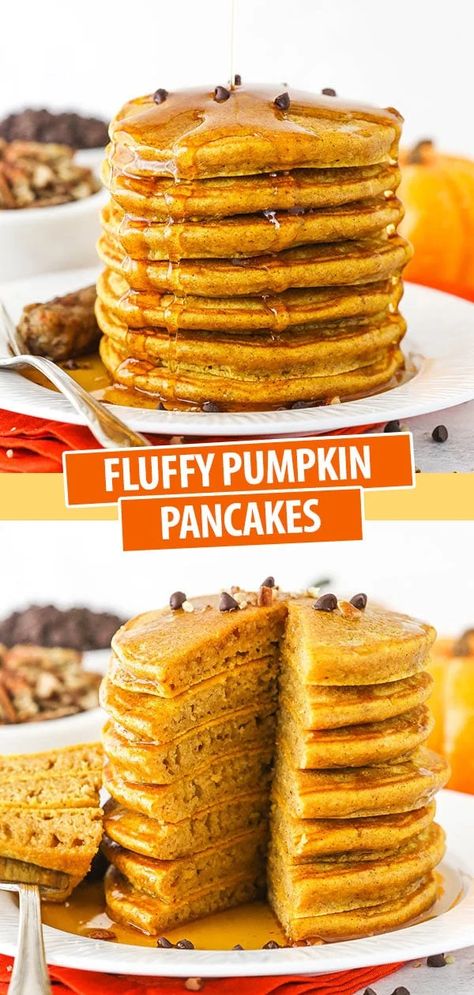 These soft and fluffy Pumpkin Pancakes are a comforting fall breakfast that your family is going to love! They're easy to make and full of pumpkin flavor. #pumpkinpancakes #pumpkinspicepancakes #pumpkinpancakesrecipe #homemadepancakes #pancakesfromscratch #pumpkinrecipe #pumpkinspicerecipe #bestpancakesrecipe #fallbreakfast Pancakes Sans Gluten, Fluffy Pumpkin Pancakes, Pumpkin Pancakes Easy, Pumpkin Pancake Recipe, Pancake Recipe Easy, Pumpkin Pancakes, Fall Breakfast, Pancakes Easy, Pumpkin Pecan