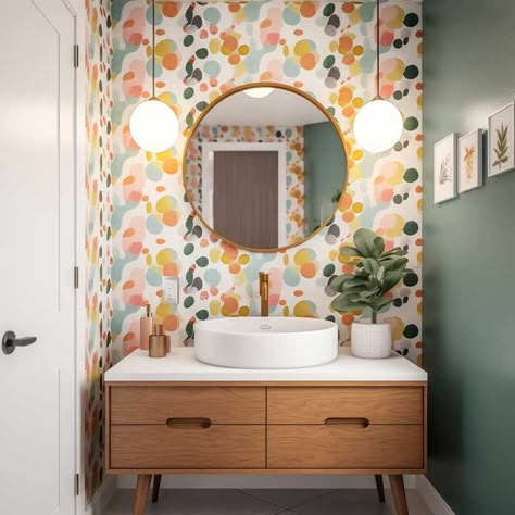 15+ Amazing Mid-Century Bathroom Design Ideas for a Retro Touch • 333+ Images • [ArtFacade] Vintage Geometric Wallpaper, Mcm Kids Room, Bathrooms With Color, Mid Mod Bathroom, Funky Bathroom Ideas, Mid Century Bathroom Remodel, Retro Bathroom Ideas, Mcm Bathroom, Midcentury Modern Bathroom