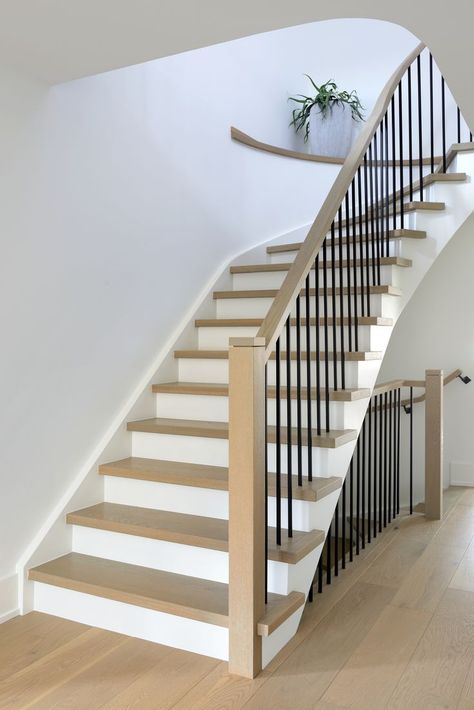 Stair inspiration in white oak thread and painted white risers. Stair railings in square posts and metal black pickets White Oak Stairs Black Railing, Oak Railing Black Spindles, Beach House Staircase, White Oak Stairs, Slab Fireplace, Painted Stair Railings, White Stair Risers, Black Stair Railing, Blue Hallway