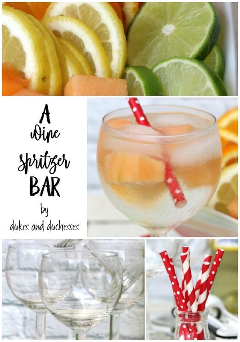 A Wine Spritzer Bar Fruit Drinks Recipes, Spring Wine, Wine Spritzer, Alcoholic Cocktails, Kid Drinks, Party Bars, Delicious Drink Recipes, Summer Entertaining, Party Food And Drinks