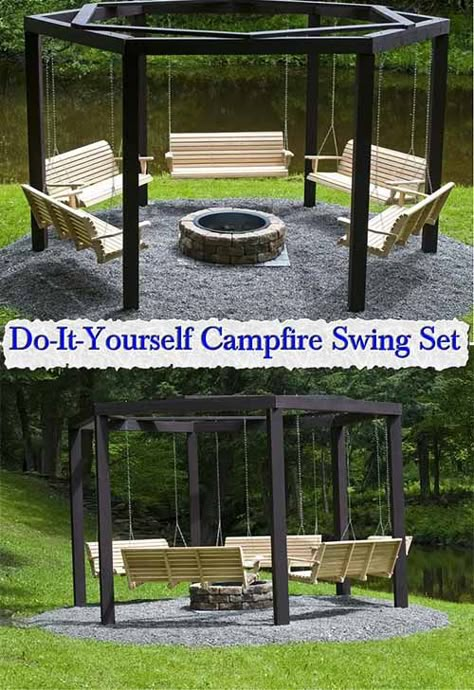 Do-It-Yourself Campfire Swing Set Fire Pit Swings, Backyard Swings, Fireplace Garden, Backyard Diy Projects, Outdoor Swing, Backyard Fire, Fire Pit Backyard, Backyard Makeover, Backyard Projects