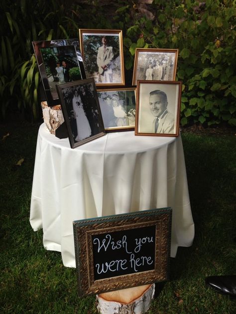 A simple and sweet DIY way to remember deceased loved ones. #wedding #weddingceremony #memorial Romantic Backyard, Wedding Photo Display, Rustic Wedding Decorations, Backyard Weddings, Peacock Wedding, Future Wedding Plans, Cute Wedding Ideas, Future Wedding Ideas, Wedding Cake Designs