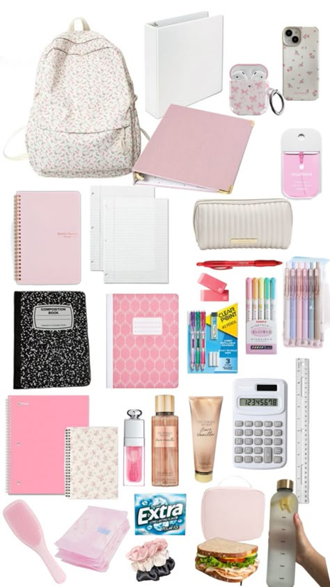 Pink College Essentials, Organized School Supplies, Homeschool Essentials, School Bag Organization, High School Essentials, School Emergency Kit, School Backpack Essentials, Preppy School Supplies, Girly Christmas Gifts