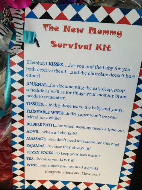 New Mommy Survival Kit! Perfect for a baby shower! Type out the card, put it on cute scrapbooking paper.  Get the items together, put it in a basket and wrap it up! Mommy loved it! Mom Survival Kit Gift, Mommy Basket, Homemade Baby Shower Gifts, Diy Survival Kits, Mommy Survival Kit, Pregnancy Survival Kit, New Mom Survival Kit, Mom Survival Kit, New Mommy Gifts