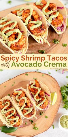 Taco Shrimp, Homemade Slaw, Tacos With Avocado, Spicy Shrimp Tacos, Avocado Crema, Shrimp Recipes For Dinner, Shrimp Recipes Easy, Spicy Shrimp, Shrimp Dishes