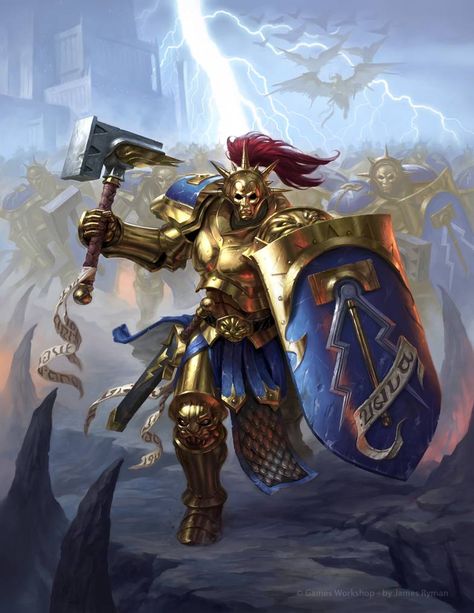 Eternals Poster, Golden Armour, Warhammer Fantasy Roleplay, Stormcast Eternals, Warhammer 40k Art, Fantasy Battle, Age Of Sigmar, 다크 판타지, Warhammer Art