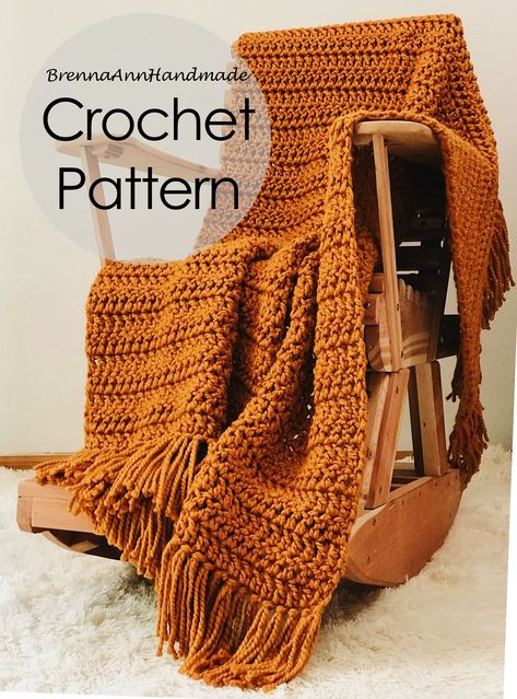 CROCHET PATTERN - The Golden Hour Blanket Instant Download PDF, Chunky Handmade Afghan, Fringe Throw, diy, Beginner, by BrennaAnnHandmade Diy Beginner, Crochet Throw Pattern, Fringe Throw, Lion Brand Wool Ease, Bathroom Farmhouse Style, Bathroom Farmhouse, Handmade Knitwear, Crochet Fringe, Blanket Diy