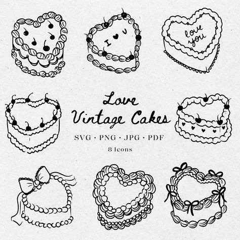 Heart Shaped Invitations, Typewriter Drawing Simple, Vintage Style Drawing, Heart Cake Illustration, Vintage Cake Tattoo, Vintage Cake Illustration, Vintage Cake Drawing, Cake Doodle Drawing, Heart Cake Drawing