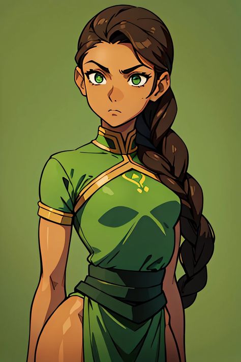 One Braid, Drawing Of A Woman, Woman With Long Hair, Green Clothing, Tanned Skin, Cartoon Drawing, Green Outfit, Tan Skin, A Cartoon