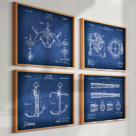 4 Sailing Patent Prints Boating Blueprint Nautical Art Compass Patent Anchor Patent Sailor Gift Yachtsman Gift Beach House Decor Beach Bar Decorate your home or office with vintage art and scientific illustrations This is an inexpensive way to change your interior regularly. This is also a great unique gift. All artworks are created on heavyweight 250 GSM fine art paper with fade-resistant pigment-based inks to ensure long-lasting color integrity. PRINTED OPTIONS 5x7" 8 x 10'' 11 x 14'' 16 x 20" Nautical Theme Restaurant, Boat Decorating Ideas Interiors, Yacht Club Decor, Aloha Decor, Sailor Decor, Nautical Office, Nautical Home Decorating, Sailing Theme, Vintage Nautical Decor