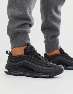 Nike Air Max 97 trainers in triple black Nike Air Max 97 Outfit Men, Air Max 97 Outfit Men, Nike Air Max 97 Outfit, Air Max 97 Outfit, Full Black Outfit, Nike Cortez Leather, Air Max 90s, Black Outfit Men, Blackout Tattoo