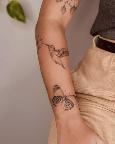 Bird And Vine Tattoo, Bird Forearm Tattoos For Women, Bird Tattoo On Arm, Birds On Arm Tattoo, Bird Tattoo Elbow, Forearm Bird Tattoo, Hummingbird Wrap Around Tattoo, Hummingbird Forearm Tattoo, Humming Bird Tattoo Forearm