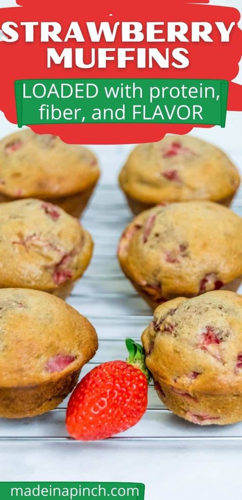 The PERFECT spring and summertime muffin! Pockets of juicy fresh strawberries in soft, protein-filled strawberry muffins that are so delicious, they'll delight the pickiest of eaters. Make them with fresh or frozen strawberries and serve for breakfast, brunch, snacks, or dessert! #strawberrybread #strawberrymuffins #strawberryrecipes | Made in A Pinch @madeinapinch Strawberry Banana Protein Muffins, Recipes With Frozen Strawberries, Frozen Strawberries Recipes, Strawberry Protein Muffins, Easy Strawberry Bread, Healthy Strawberry Muffins, Strawberry Muffins Easy, Strawberry Bread Recipe, Filled Strawberry