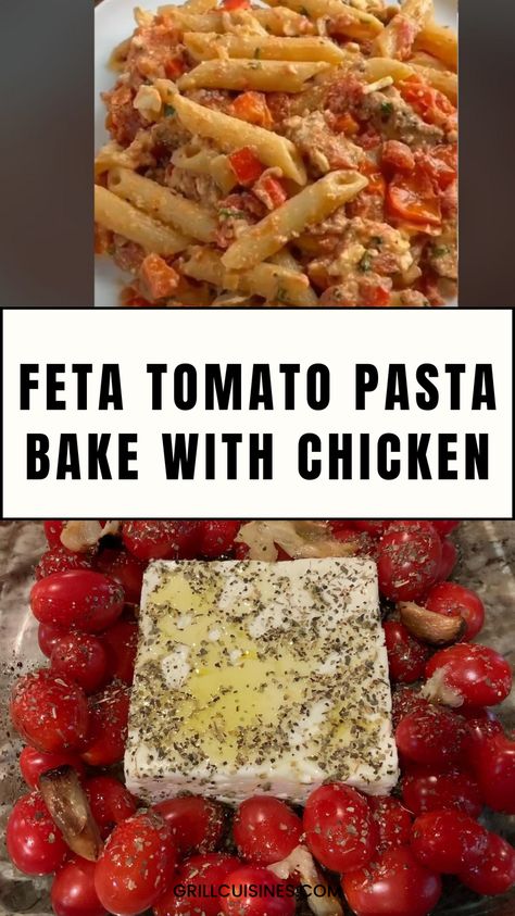 "Try this irresistible Baked Feta Pasta with Cherry Tomatoes and Chicken! Creamy feta melts with juicy cherry tomatoes, tender chicken, and pasta for a flavorful one-pan dinner that's easy to make. Perfect for a cozy fall meal or a quick weeknight dinner everyone will love!Baked Feta, Cherry Tomato Pasta, Feta Pasta, Pasta With Cherry Tomatoes Baked Feta And Tomatoes Pasta, Feta Cherry Tomato Pasta Bake, Chicken Tomato Feta Pasta, Tomatoes Feta Pasta, Bake Feta Pasta, Pasta And Feta Recipes, Low Carb Baked Feta Pasta, Roasted Tomato Feta Pasta, Cherry Tomato Feta Pasta Baked