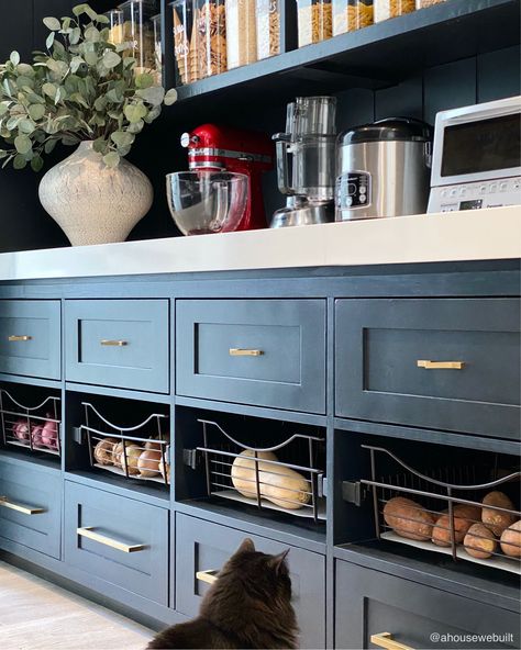 Microwave In Pantry, A House We Built, Storing Produce, Pantry Inspiration, Vegetable Drawer, Pantry Decor, Produce Storage, Pantry Bin, Pantry Drawers