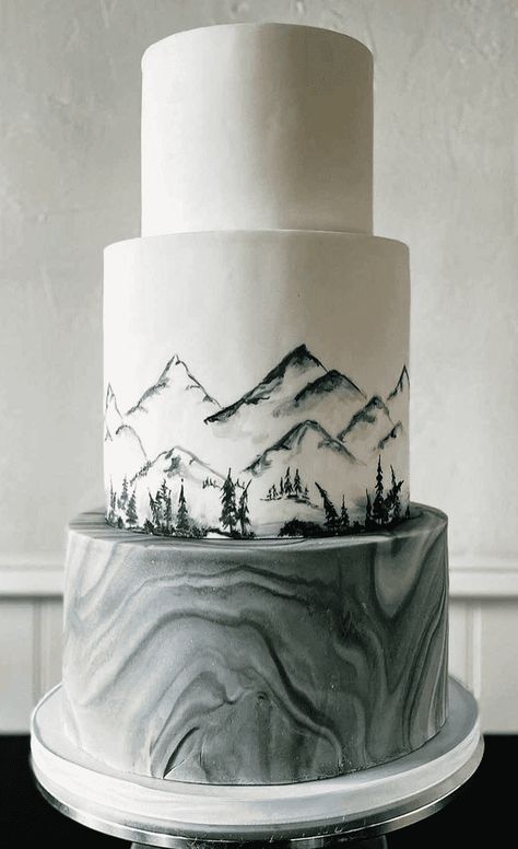 Mountain Grooms Cake, Wedding Cake Mountain Theme, Mountain Wedding Cake Ideas, Split Cake Design, Warhammer Cake, Winter Cakes Birthday, Wedding Cake Mountain, Mountain Birthday, Wedding Cales