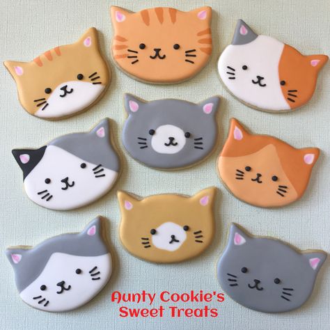 Cat Cookies Cat Face Cookies, Cat Cookies Decorated, Cat Sugar Cookies, Cookie Cat, Cat Sugar Cookies Decorated, Cat Themed Cookies, Kitty Cookies Royal Icing, Cat Face Decorated Cookies, Calico Cat Cookies