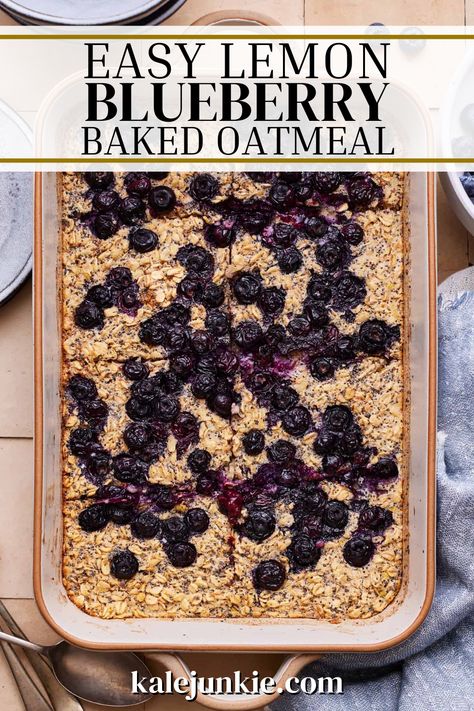 This Easy Lemon Blueberry Baked Oatmeal is the perfect way to jazz up your morning! If you’re tired of eating the same old boring breakfast, this is just the recipe for you. It combines rolled oats and blueberries with just a few simple ingredients and then it’s baked until it’s a fluffy cake-like treat that tastes divine! Lemon Blueberry Oats, Baked Rolled Oats Recipe, Lemon Blueberry Baked Oats, Blueberry Lemon Breakfast, Kalejunkie Recipes, Baked Blueberry Oatmeal, Blueberry Baked Oatmeal, Lemon Breakfast, Blueberry Oatmeal Bake