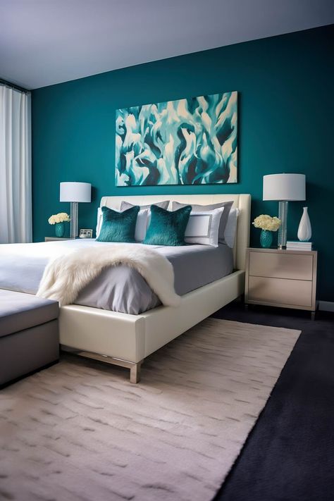 20 Mesmerizing Teal Bedroom Ideas For 2023 Bedroom Ideas Accent Wall Color Schemes, Teal Bedroom Ideas For Women, Teal And White Bedroom Ideas, Full Bedroom Ideas, Teal And White Bedroom, Teal Bedroom Designs, Teal And Gray Bedroom, Teal Bedroom Decor, Teal Rooms