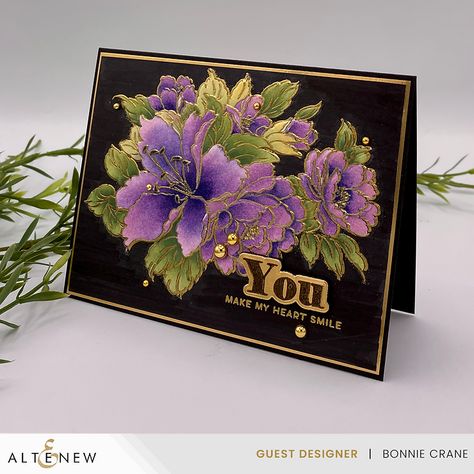 Altenew Bold Bouquet, Altenew Embossing Folders, Altenew Stencils, Embossing Folder Cards, Bold Bouquet, Layering Stencils, Black Cards, Gold Foil Cards, Altenew Cards