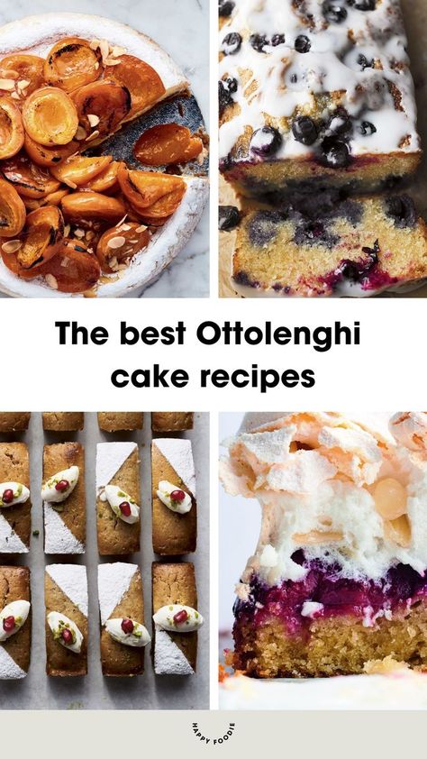 a collection of recipe images of Ottolenghi cakes, including an apricot topped cake, a blueberry and lemon love, and Persian love cakes. Ottolenghi Cake, Nutty Banana Bread, Affordable Meal Plans, Yotam Ottolenghi Recipes, Grilled Bananas, Banana Loaf, Ottolenghi Recipes, Loaf Cake Recipes, Dinner Party Summer