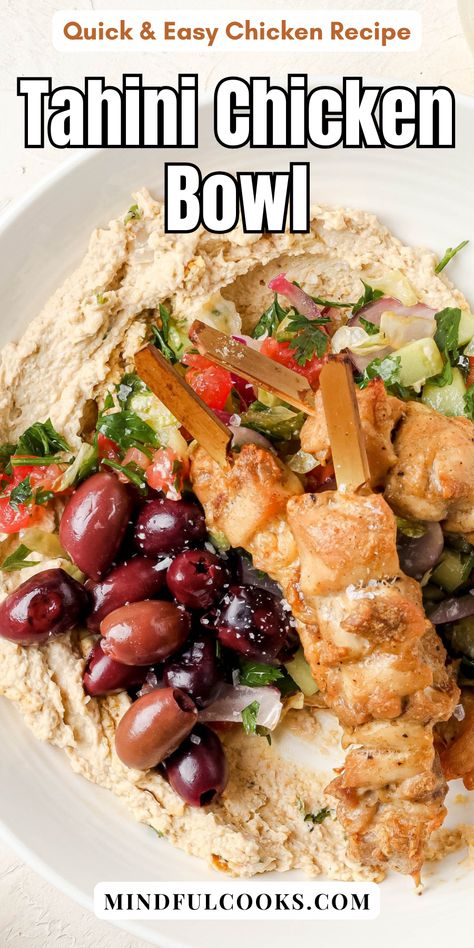 Chicken And Hummus Recipes, Tahini Marinade, Tahini Chicken Recipe, Tahini Chicken, Juicy Grilled Chicken, Mediterranean Recipes Healthy, Hummus Bowl, Chicken Recipes Easy Quick, Chicken Bowl Recipe