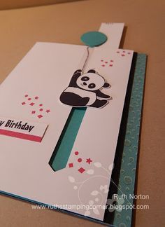 2017 Slider pull tab CARD using PARTY PANDAS 147218 (wood blocks included) 147221 (suggested clear blocks: a, d, e, g) 7 rubber stamps , Pull Cards Diy, Pull Tab Cards, Paper Flower Table, Pull Up Card, Diy Cards Handmade, Panda Card, Happy Birthday Cards Diy, Vintage Scrapbooking, Creative Birthday Cards