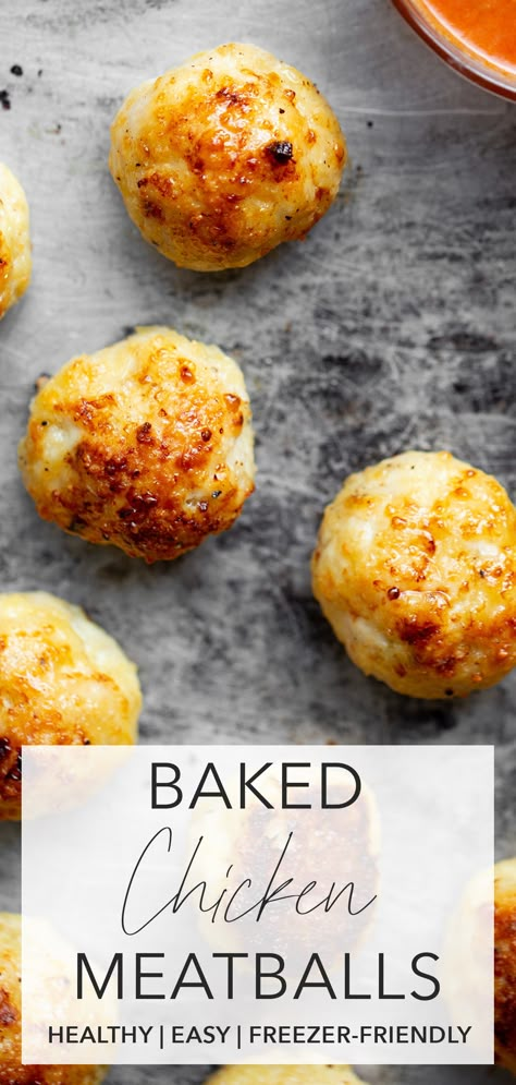 These healthy Baked Chicken Meatballs are THE BEST! Made with ground chicken and just a handful of simple pantry ingredients, they’re quick, easy, and delicious, and come together in under 30 minutes. These versatile meatballs are the perfect addition to any meal, or to eat all on their own. Pair them with pesto or marinara sauce over spaghetti, or serve as a party appetizer with barbecue sauce, or buffalo and a side of bleu cheese. Easily gluten-free, meal prep and freezer-friendly. | ... Simple Chicken Meatballs, Freezer Meatballs, Chicken Meatballs Healthy, Ground Chicken Meatballs, Best Baked Chicken, Baked Chicken Meatballs, Cheese Stuffed Meatballs, Chicken Balls, Chicken Meatball Recipes