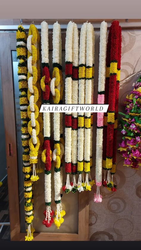 Struck by these beauties!!! For details Whatsapp 8466993323 or send direct message. #kairagiftworld #decorationhangings #garlands # Nilavu Malai Design, Yellow Flower Garland, God Frame, Flower Mala, Door Flower Decoration, Flower Garland Diy, Plastic Bag Crafts, Home Flower Decor, How To Make Garland