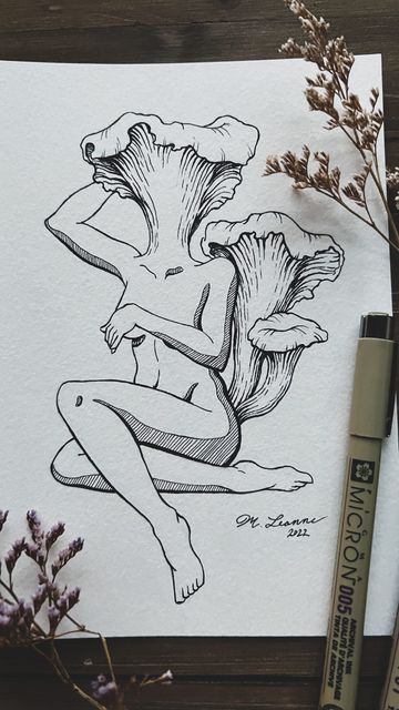 Marissa Leanne on Instagram: "Another mushroom lady! Can you tell what species she is? Also, let me know what you think; and if I should continue this series or just leave it at two? #lineart #penandinkdrawing #inkdrawing #artoftheday #mushroomart #artistsofinstagram" Mushroom Ladies Art, Mushroom Woman Drawing, Naked Mushroom Lady Drawing, Mushroom Head Drawing, Mushroom Person Drawing, Mushroom Fairy Drawing, Mushroom Lady Drawing, Mushroom Girl Tattoo, Mushroom Lady Art