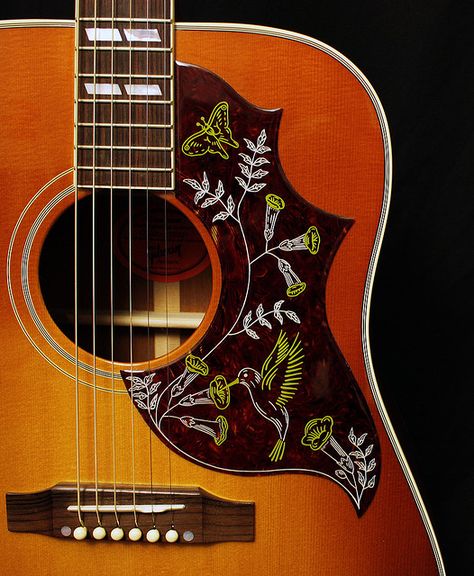 Gibson Hummingbird Tattoo, Painted Guitar Acoustic Flowers, Hummingbird Guitar Tattoo, Gibson Hummingbird Guitar, Hummingbird Guitar, Music Guitar Tattoo, Gibson Hummingbird, Guitar Tattoo Design, Acoustic Guitar Photography