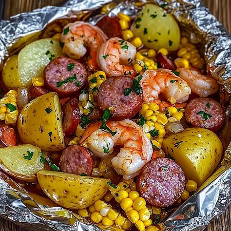 🍤 Shrimp, Corn, Potatoes, and Smoked Sausage Foil Packs 🌽🥔🌭(recipe below)**Ingredients:**- ½ lb shrimp, peeled and deveined- ½ lb smoked sausage, sliced- 4 small red potatoes, quartered- 2 ears of corn, cut into thirds- 2 tablespoons butter, melted- 2 garlic cloves, minced- 1 tablespoon Old Bay seasoning- 1 teaspoon paprika- Salt and pepper to taste- Shrimp Corn Sausage Potatoes Boil In Oven, Smoked Sausage Shrimp Recipes, Sausage Shrimp And Potatoes, Sausage Corn Potato Bake, Shrimp Corn Potatoes Foil Packets, Shrimp Potatoes Corn Sausage Boil, Sausage Foil Packets For The Oven, Easy Shrimp And Sausage Recipes, Shrimp Kielbasa Recipes