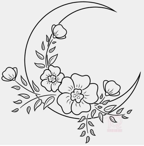 Floral Sketches Simple, Leaves And Moon Tattoo, Moon Drawing With Flowers, Embroidery Moon And Flowers, Black And White Moon Drawing, Embroidery Designs Black And White, Sea Themed Tattoos Minimal, Embroidery Flowers Drawing, Art Sketches Aesthetic Flowers