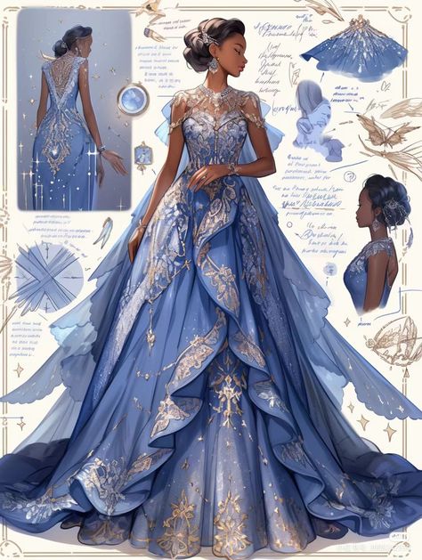 Blue Butterfly Ball Gown, Royal Blue Sweet 16 Dresses Ball Gowns, Blue Fantasy Dress, Dreamy Gowns, Dress Design Drawing, Fashion Illustration Sketches Dresses, Design Moda, Fantasy Dresses, Fashion Drawing Dresses