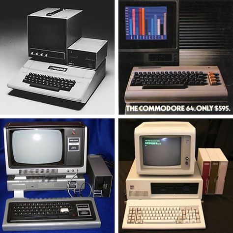 1980s-era computers: Apple //, Commodore 64, TRS-80 and IBM PC. Alter Computer, Mental Models, Old Computer, Apple Ii, Commodore 64, Computer History, Old Technology, Business Software, Old Computers