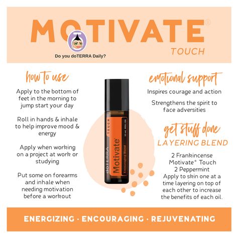 The Product of the Month (or POM as you may know it) for August is dōTERRA Motivate® Touch, 10 mL. Let’s all be real, here. We could all use a little extra motivation in our lives #amiright? The good news?👏This little guy can be all yours for FREE if you place a 125 PV Loyalty Rewards order on or before August 15th. This combination of Peppermint, Clementine, Coriander, Basil, Melissa, and Rosemary essential oils will have you tackling your do to list, that dreaded workout or your Mt. Everest s Do To List, Doterra Motivate, Doterra Recipes, Hand Strengthening, Doterra Essential Oils Recipes, Mt Everest, Loyalty Rewards, Essential Oils Rosemary, Improve Mood