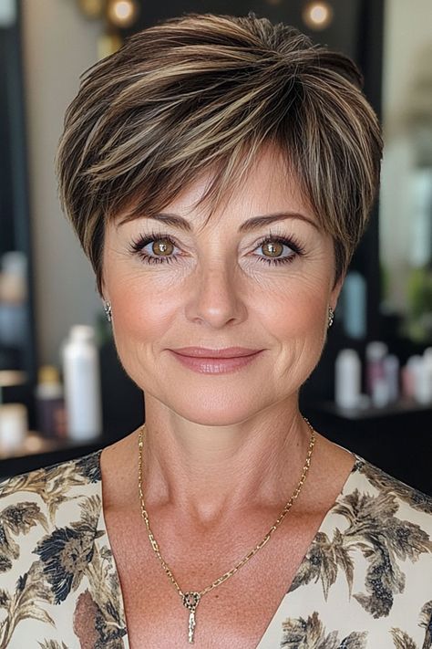 13. Warm Brunette Pixie with Highlights This warm brunette pixie with blonde highlights combines softness with structure. The finely layered cut creates volume and movement, while the blonde highlights add dimension and brightness. Short Brown Hair With Highlights Pixie, Pixie With Blonde Highlights, Brunette Pixie With Highlights, Pixie With Highlights, Haircut For Women Over 50, Pixie Haircut For Women, Long Pixie Haircut, Pixie Haircuts For Women, Brunette Pixie