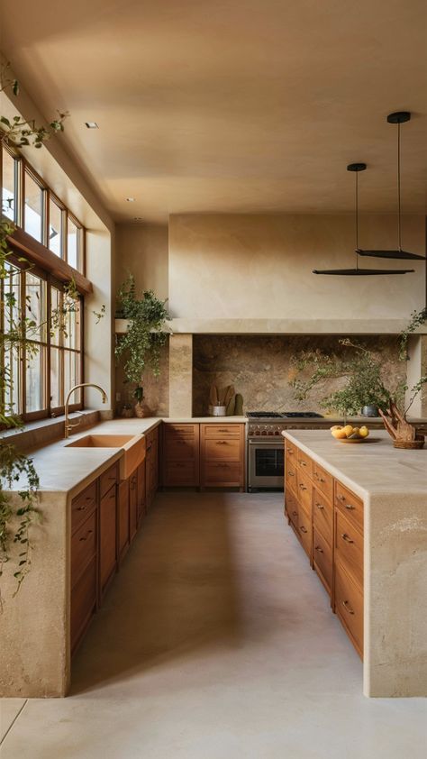 Earthy Toned House, Kitchen With Texture, Organic Decor Kitchen, Kitchen Materials Texture, Earth Home Aesthetic, Clean Minimalist Kitchen, Natural Home Design Interior, Earthy Tones Decor, Kitchen Limewash