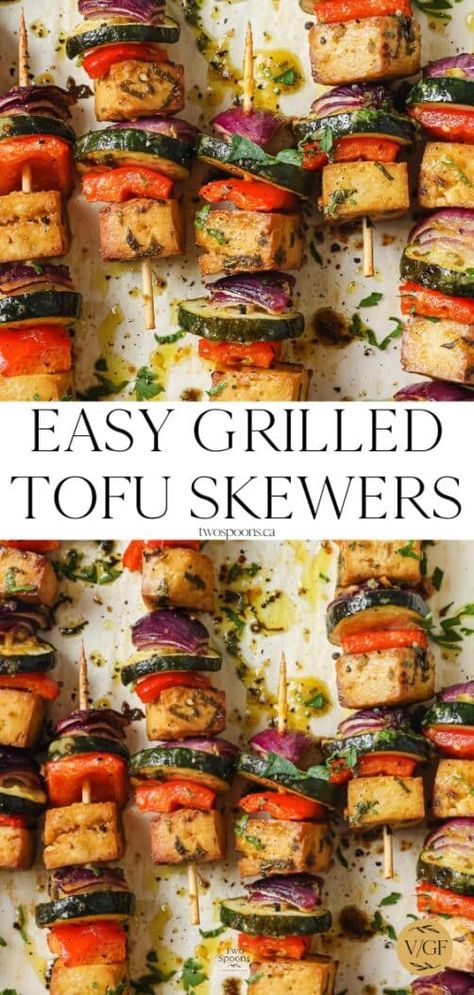 Easy Tofu Skewers (Grill or Oven!) - Two Spoons Tofu Summer Recipes, Skewers On The Grill, Tofu Kebab, Tofu Skewers, Garlic Tofu, Lactation Cookies Recipe, Summer Bbq Recipes, Bbq Recipe, Bbq Tofu