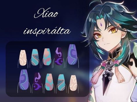 Genshin Acrylic Nails, Genshin Impact Nails Art, Xiao Nails Design, Genshin Nail Design, Genshin Nail Ideas, Xiao Nails, Genshin Nails Design, Anime Nail Art Designs, Genshin Nail Art