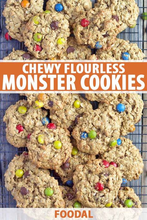 Chewy flourless monster cookies are the dessert to beat all others. Filled with oats, peanut butter, coconut flakes, chocolate chips, and candy-coated chocolate, it’s hard not to fall in love with this childhood classic! Get the recipe now on Foodal to add it to your collection of family favs. #cookierecipes #foodal Cookies To Bake With Kids, Monster Cookie Recipe, Oats Peanut Butter, Monster Cookies Recipe, Gluten Free Candy, Monster Cookie, Gluten Free Cookie Recipes, Peanut Butter Roll, Gluten Free Oatmeal