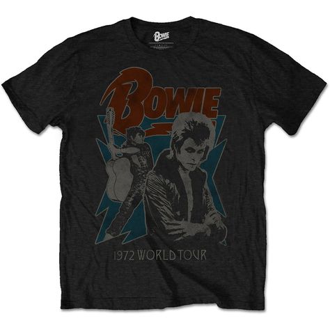 David Bowie Men's Tee: 1972 World Tour Wholesale Ref:BOWTS10MB Short Styles, Screen Printing Designs, Movie T Shirts, High Quality T Shirts, Tour T Shirts, David Bowie, World Tour, Mens Tees, Black Shirt