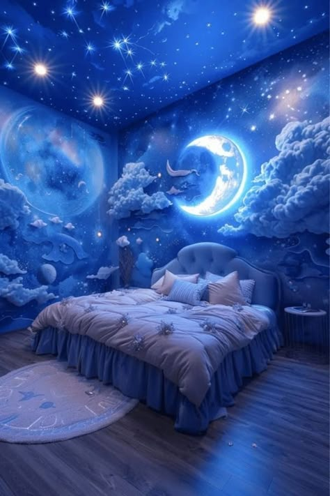 Moon In Room, Celestial House Decor, Moon Themed Bedroom, Celestial Bedroom Aesthetic, Good Night Bedroom, Bedroom Ideas Space, Blue Themed Room, Moon Room Decor, Enchanted Bedroom Ideas