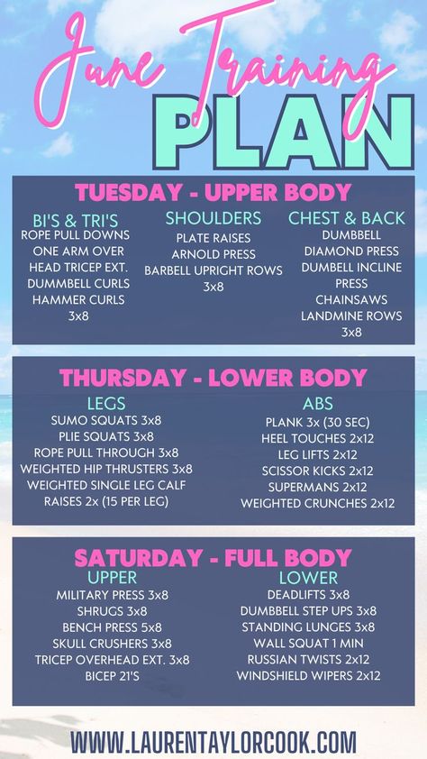 June Training Plan - 3 day a week strength training plan. Women Workout Plan Gym, 3 Month Workout Plan, Women Workout Plan, Gym Training Program, Back And Bis, Strenght Training, Strength Training Plan, Plie Squats, Free Workout Plans