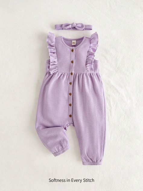 2pcs Baby Girl Solid Color Ruffle Round Neck Sleeveless Romper & Headband Set Mauve Purple     Plain Other,Tank Slight Stretch  Baby Girls Clothing, size features are:Bust: ,Length: ,Sleeve Length: Purple Baby Clothes, Lavender Outfit, Purple Plain, Purple Collar, Headband Set, Mauve Purple, Purple Baby