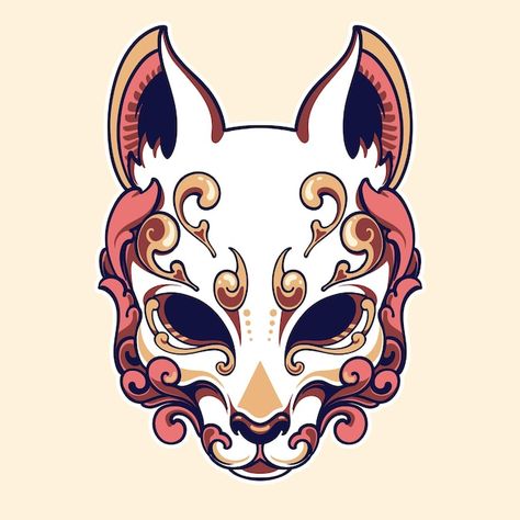 Samurai Mask Drawing, Japanese Dragon Mask, Mask Ideas Art, Kitsune Mask Drawing, Kitsune Mask Art, Japanese Mask Art, Oni Mask Art, Kitsune Mask Design, Mascara Samurai