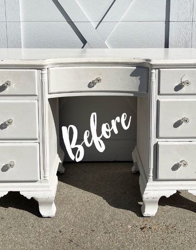 White Painted Desk with Transfer Furniture Makeover With Transfers, White Painted Desk, Vintage White Desk, Hutch Furniture, Painted Sofa, Painted Hutch, Side Table Makeover, Mirror Side Table, Floral Desk